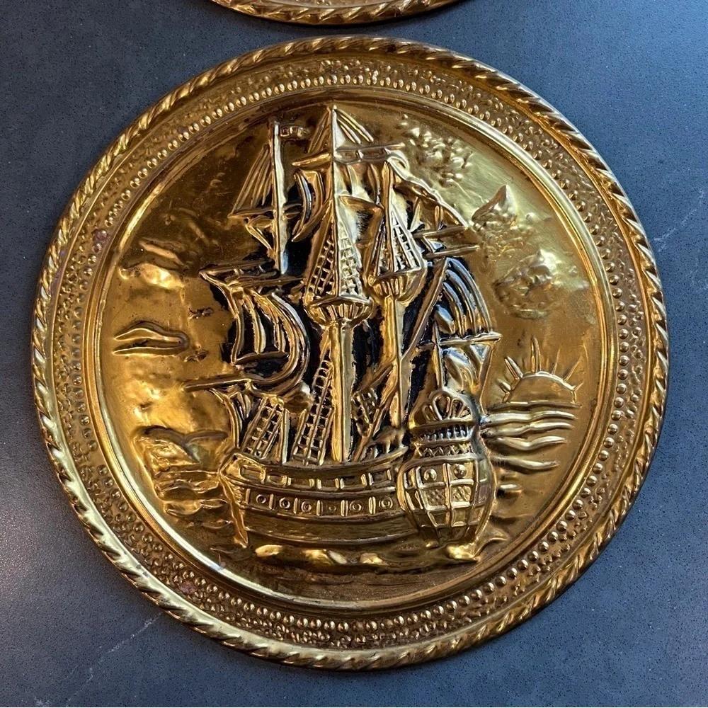 Vintage set 2 brass foil ship plaques Made in England